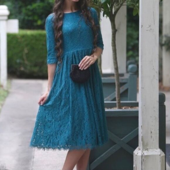 Dainty Jewells Graceful in Lace Jade Modest Dark Green Lace Fit and Flare Dress - Picture 1 of 13